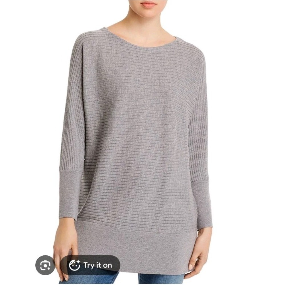 Eileen Fisher Tunic Sweater Women's Size S-M Merino Wool Gray Bateau Neck Ribbed